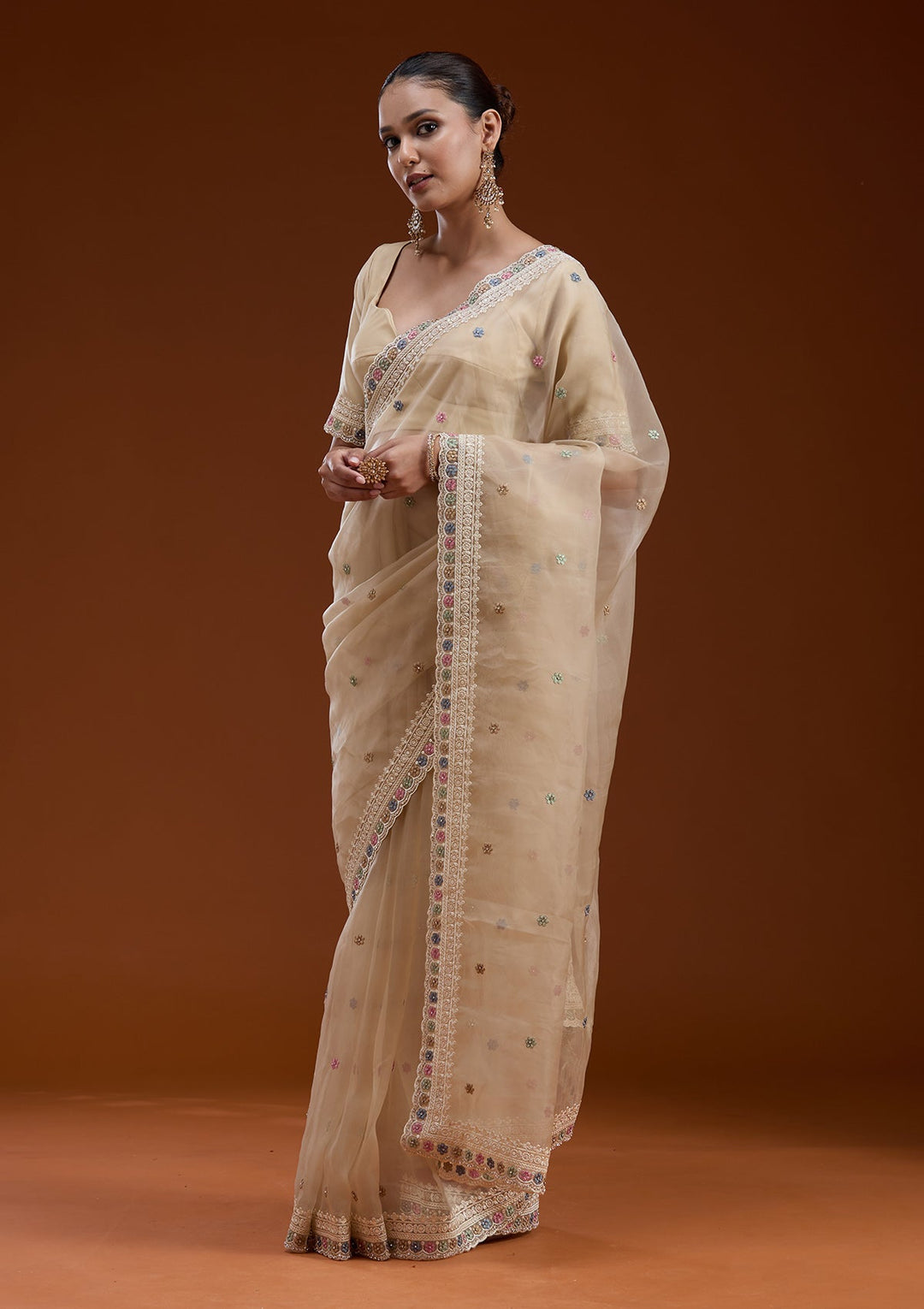 Beige Threadwork Tissue Saree-koskii