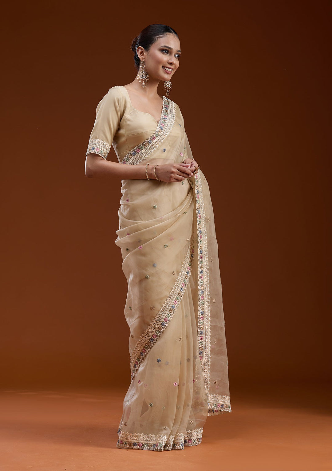 Beige Threadwork Tissue Saree-koskii