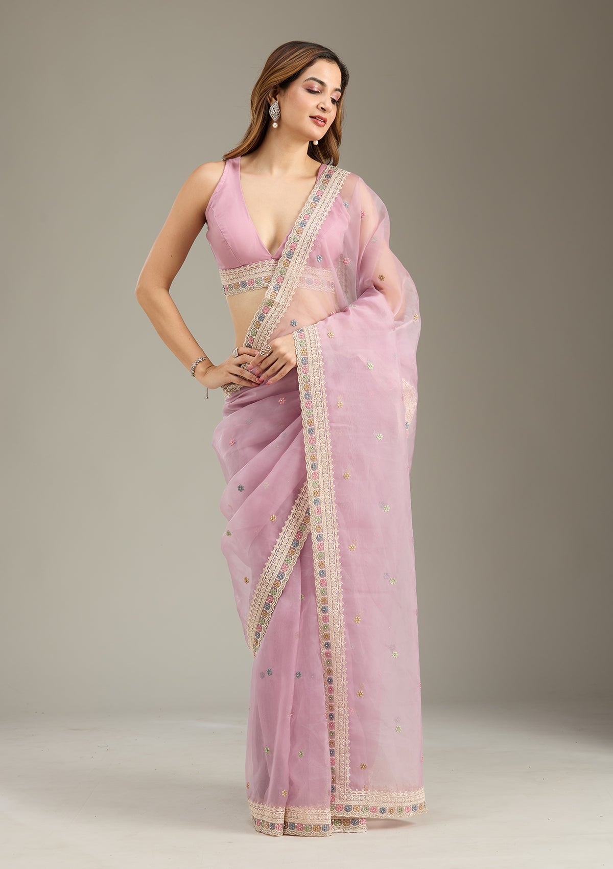Lavender Threadwork Tissue Saree-Koskii