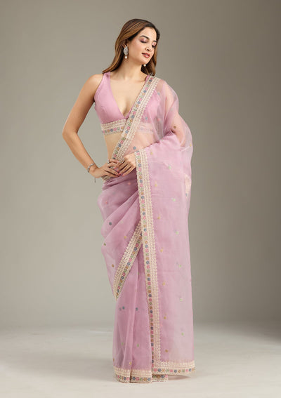 Lavender Threadwork Tissue Saree-Koskii