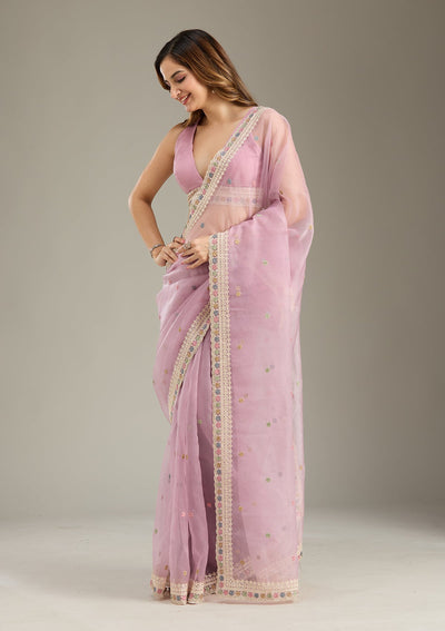 Lavender Threadwork Tissue Saree-Koskii