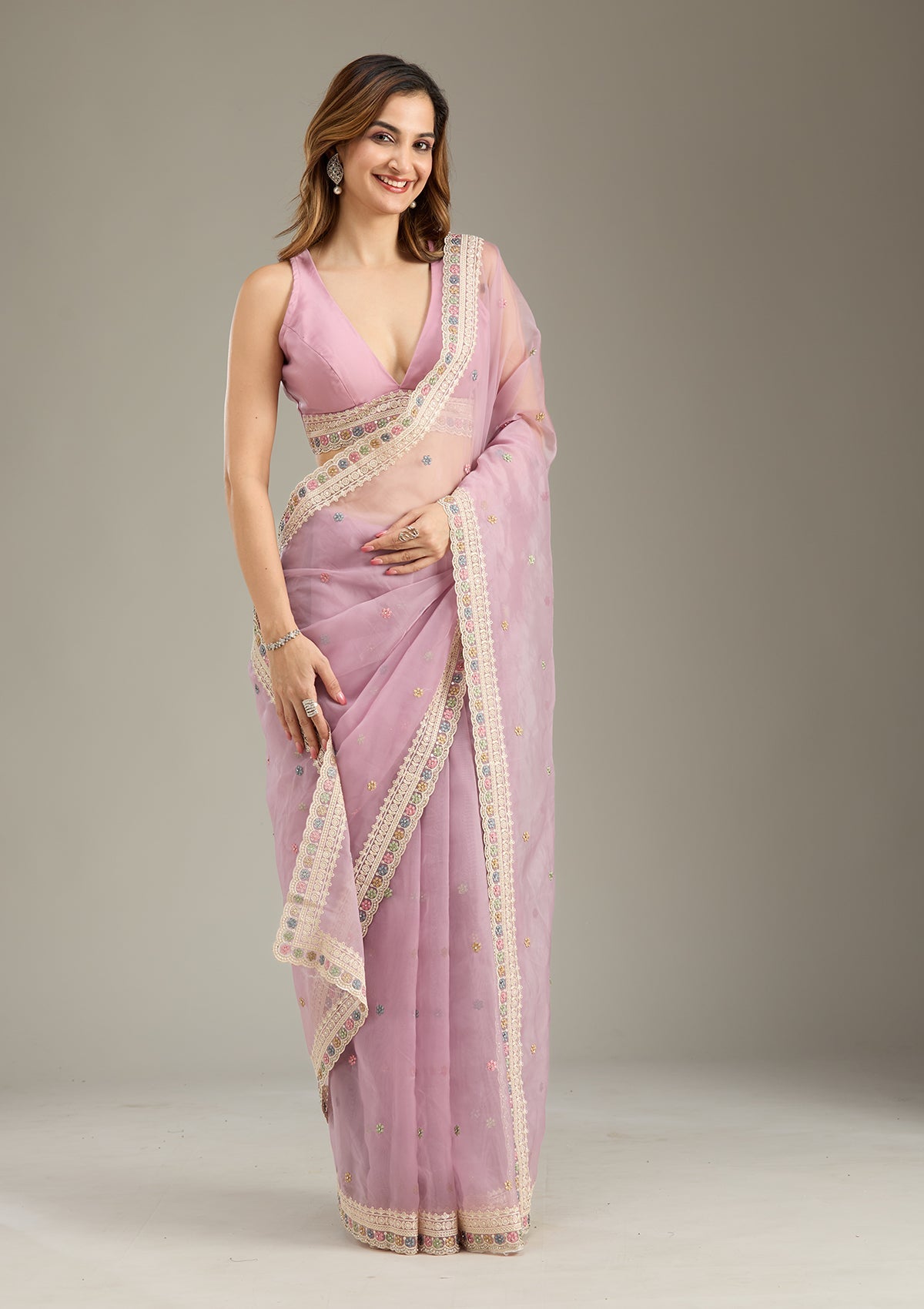 Lavender Threadwork Tissue Saree-Koskii