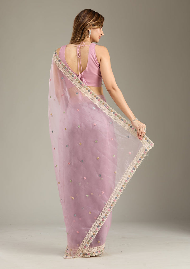 Lavender Threadwork Tissue Saree-Koskii