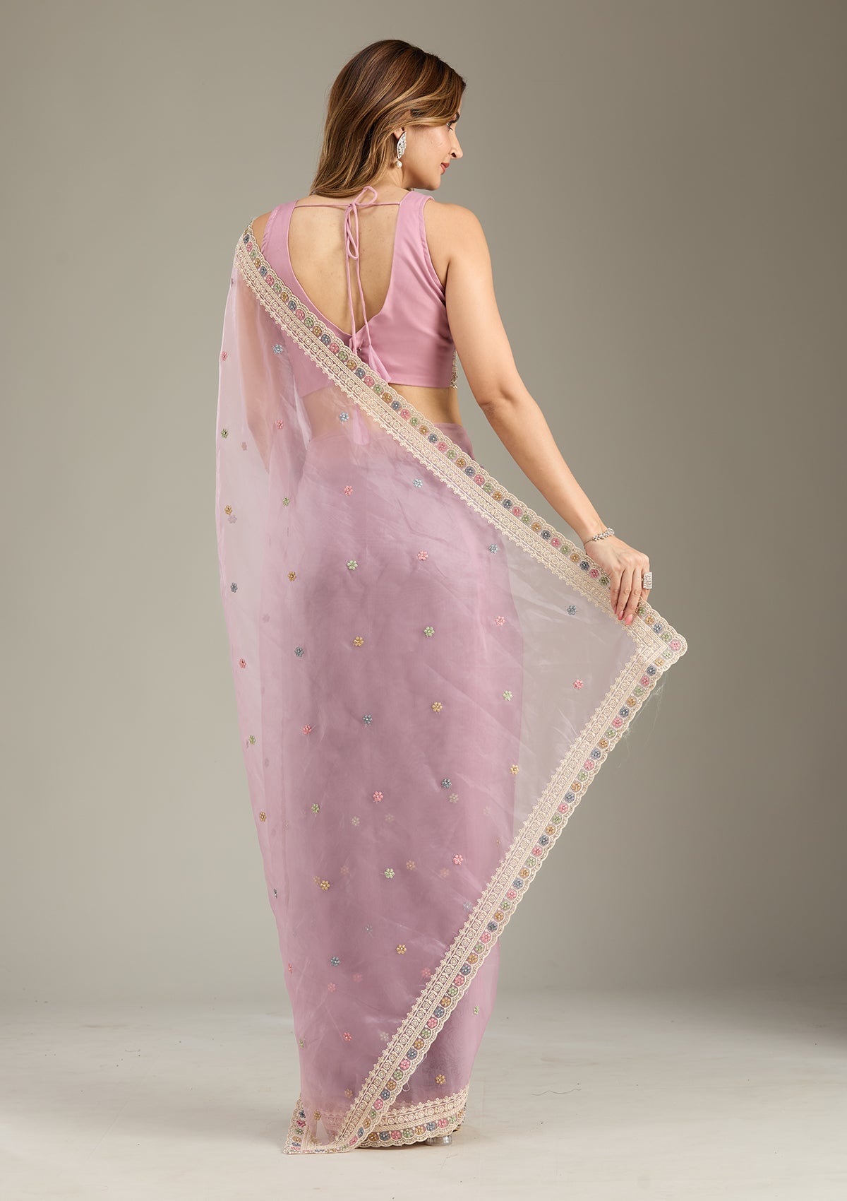 Lavender Threadwork Tissue Saree-Koskii