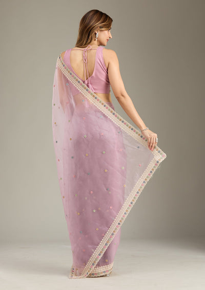 Lavender Threadwork Tissue Saree-Koskii
