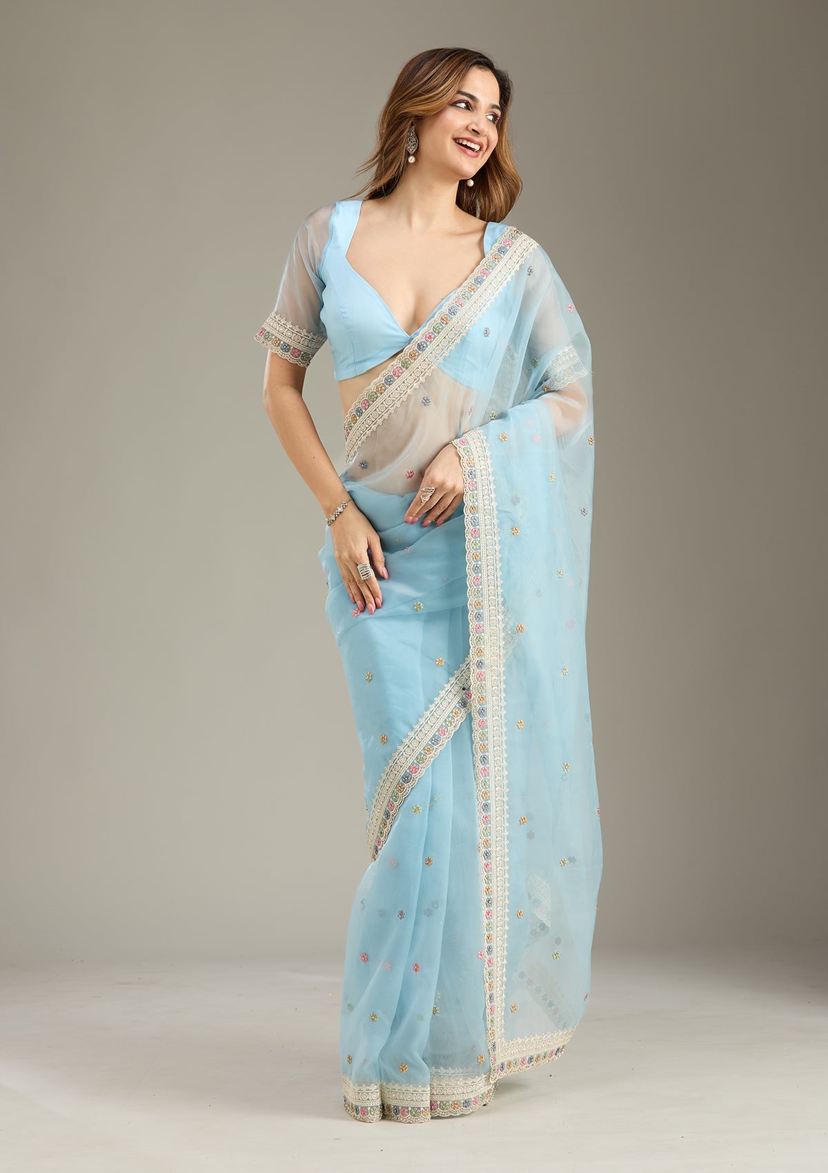 Sky Blue Threadwork Tissue Saree-Koskii