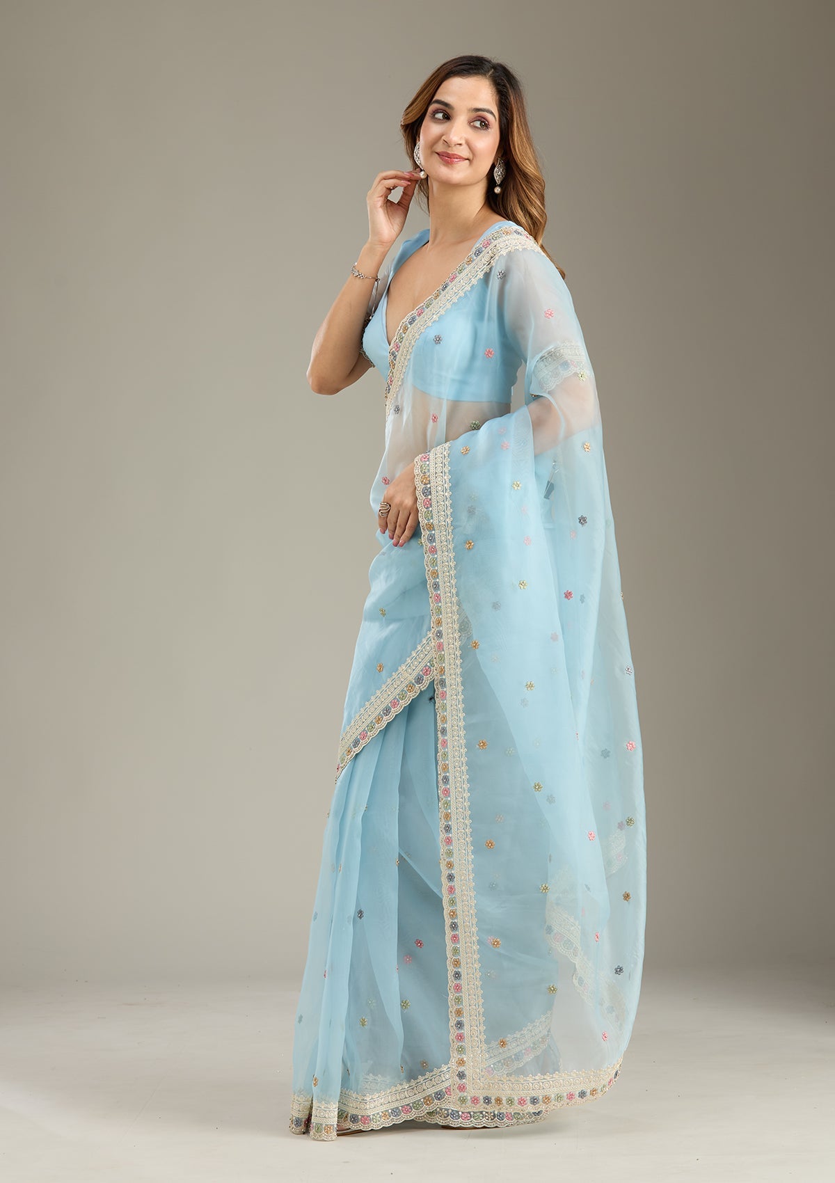Sky Blue Threadwork Tissue Saree-Koskii