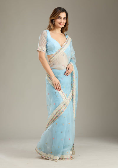 Sky Blue Threadwork Tissue Saree-Koskii