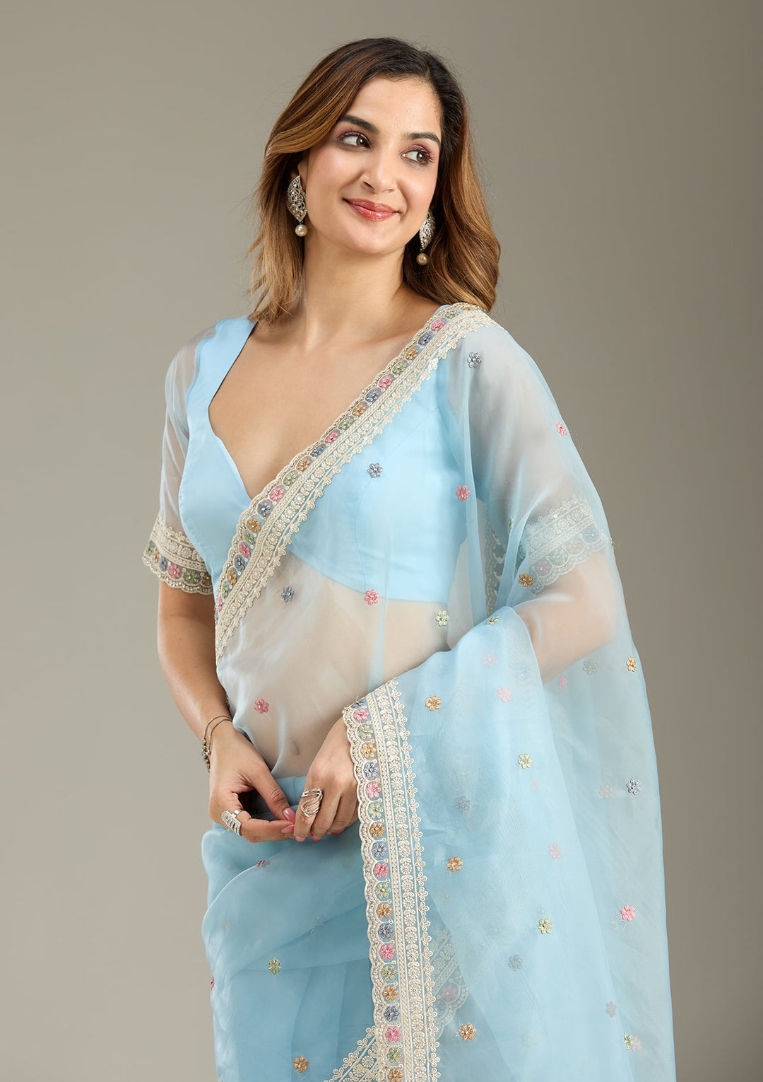 Sky Blue Threadwork Tissue Saree-Koskii