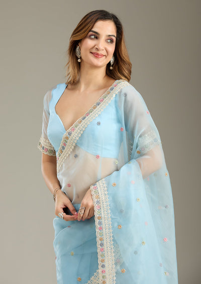 Sky Blue Threadwork Tissue Saree-Koskii
