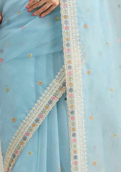 Sky Blue Threadwork Tissue Saree-Koskii
