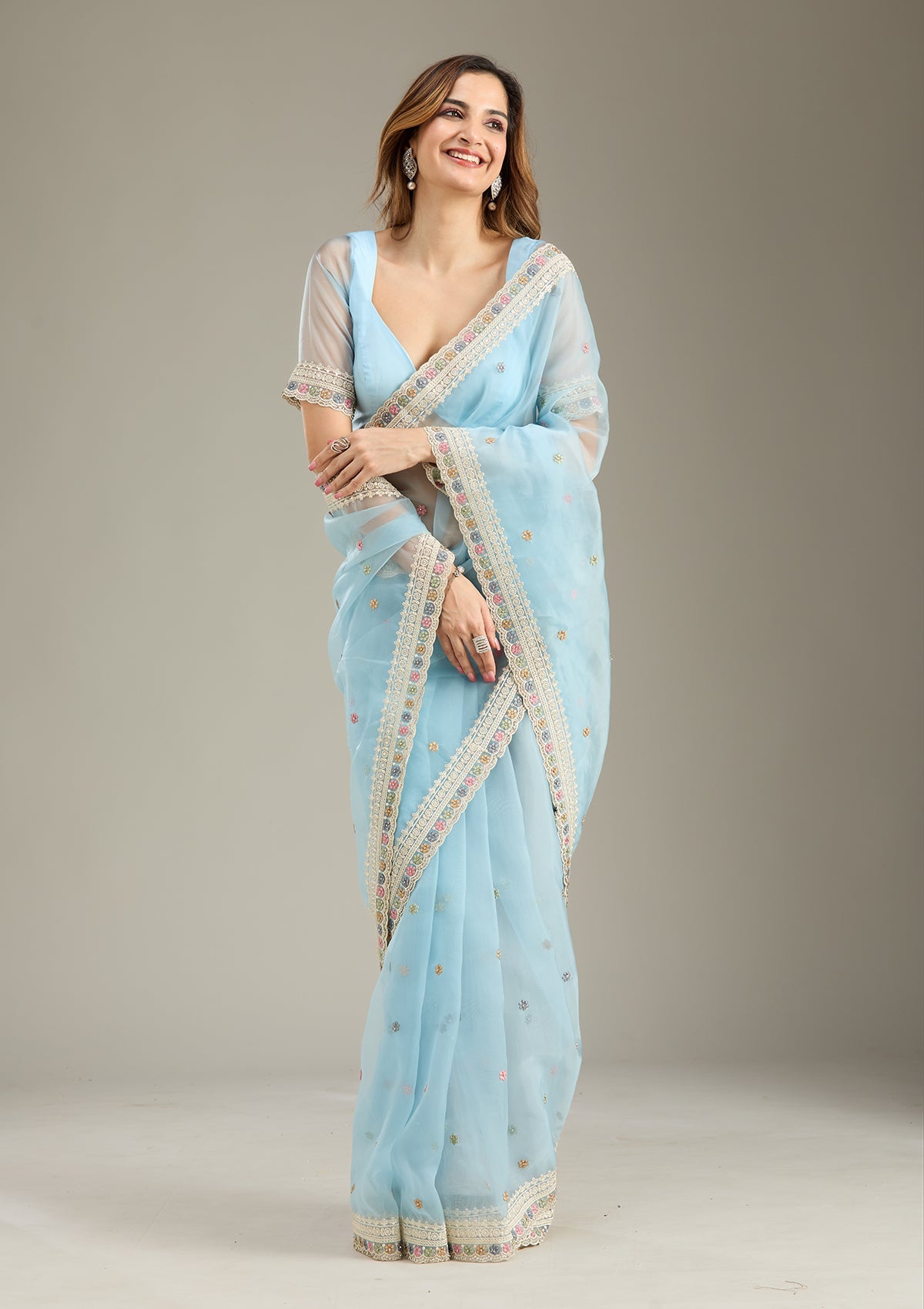 Sky Blue Threadwork Tissue Saree-Koskii