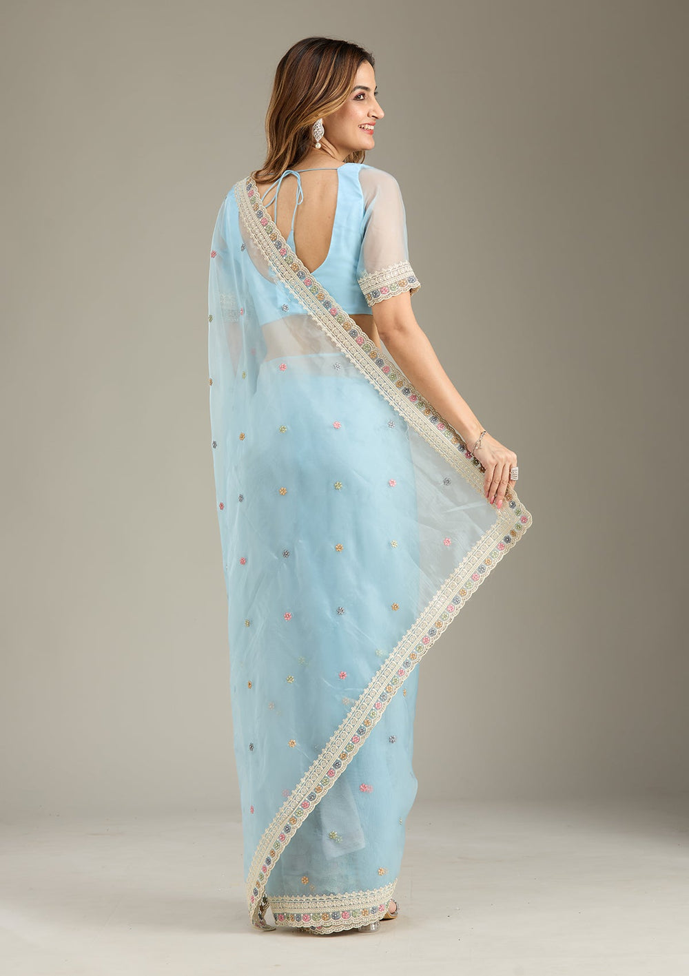 Sky Blue Threadwork Tissue Saree-Koskii