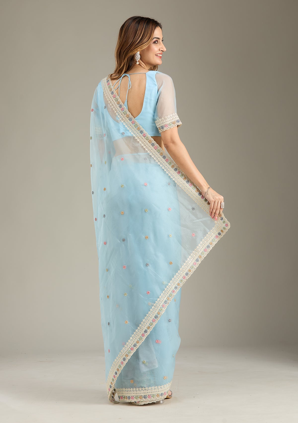 Sky Blue Threadwork Tissue Saree-Koskii