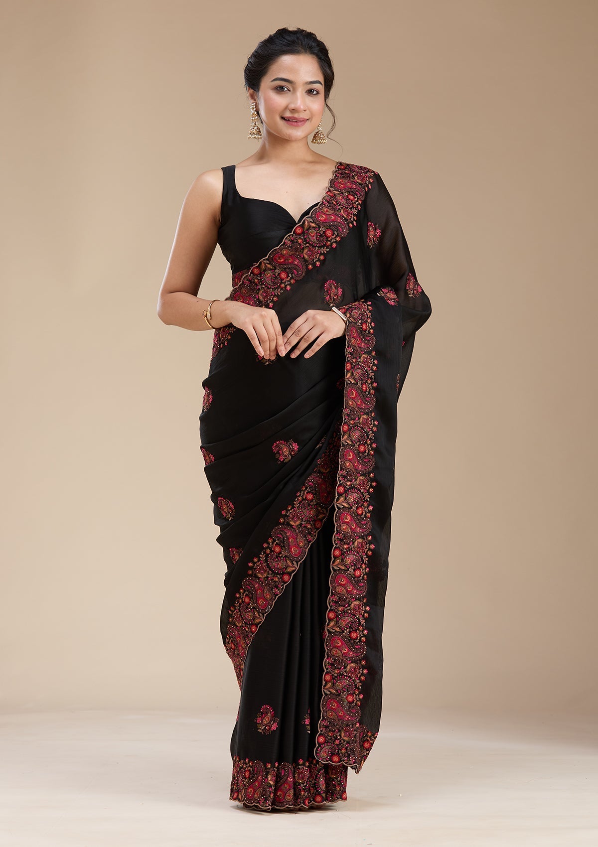 Black Kashmiri Chiffon Saree-koskii