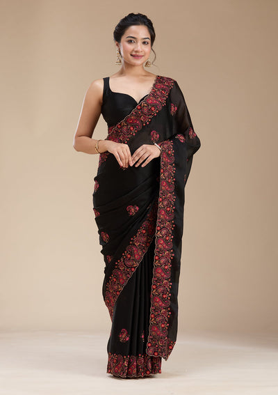 Black Kashmiri Chiffon Saree-koskii