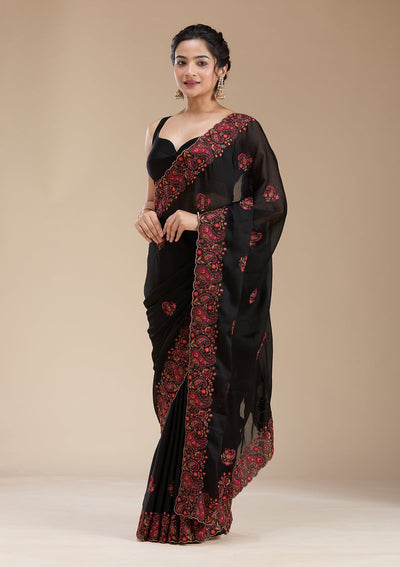 Black Kashmiri Chiffon Saree-koskii