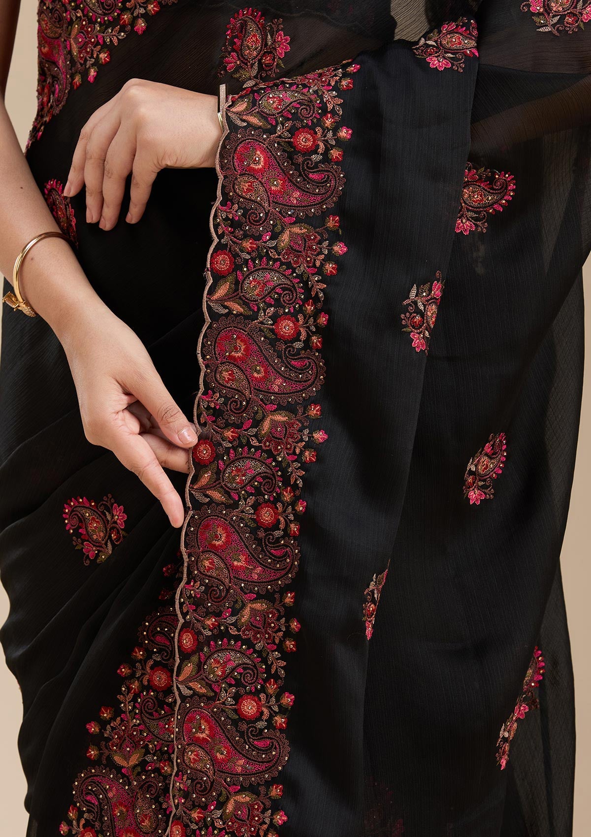 Black Kashmiri Chiffon Saree-koskii