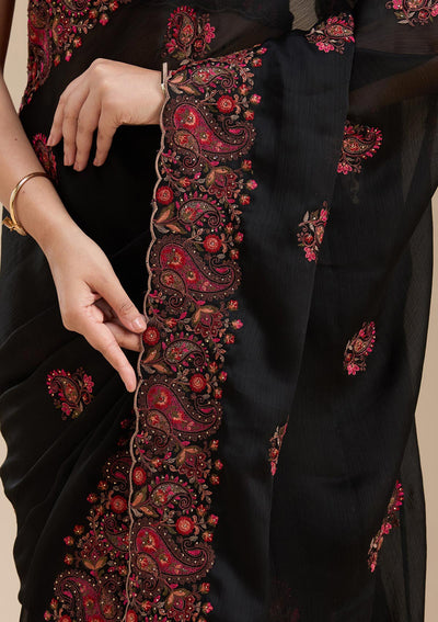Black Kashmiri Chiffon Saree-koskii