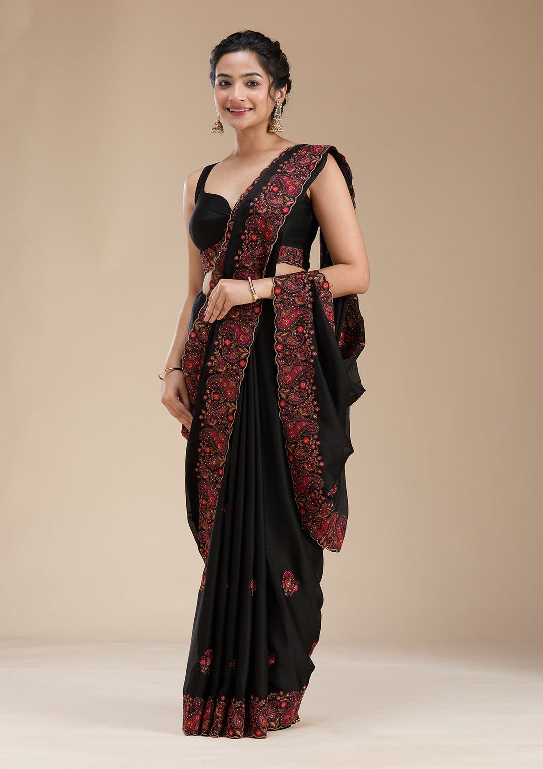 Black Kashmiri Chiffon Saree-koskii