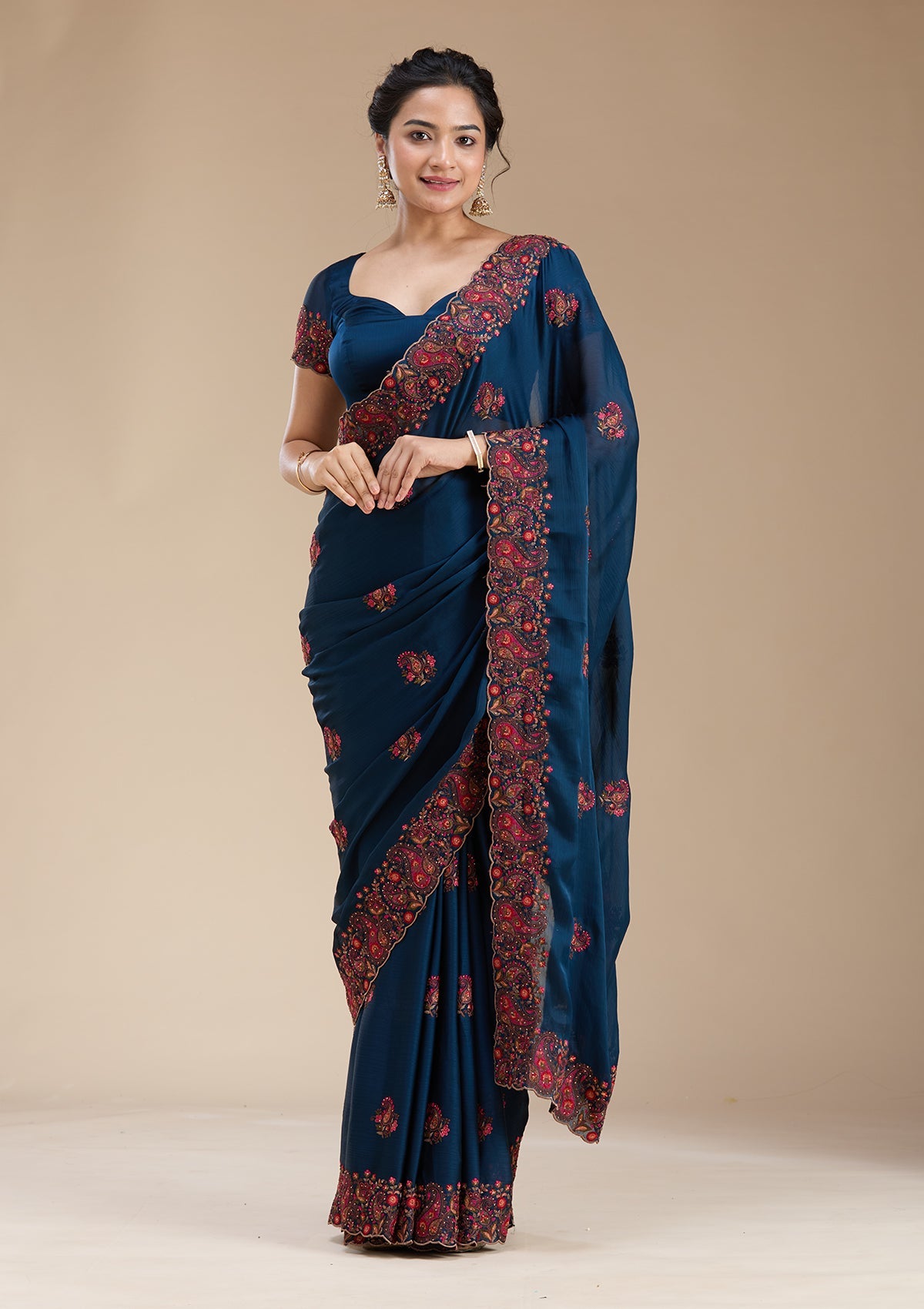 Navy Blue Kashmiri Chiffon Saree-koskii