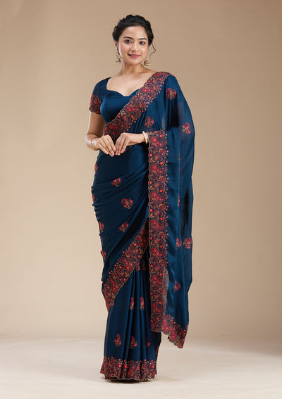 Navy Blue Kashmiri Chiffon Saree-koskii