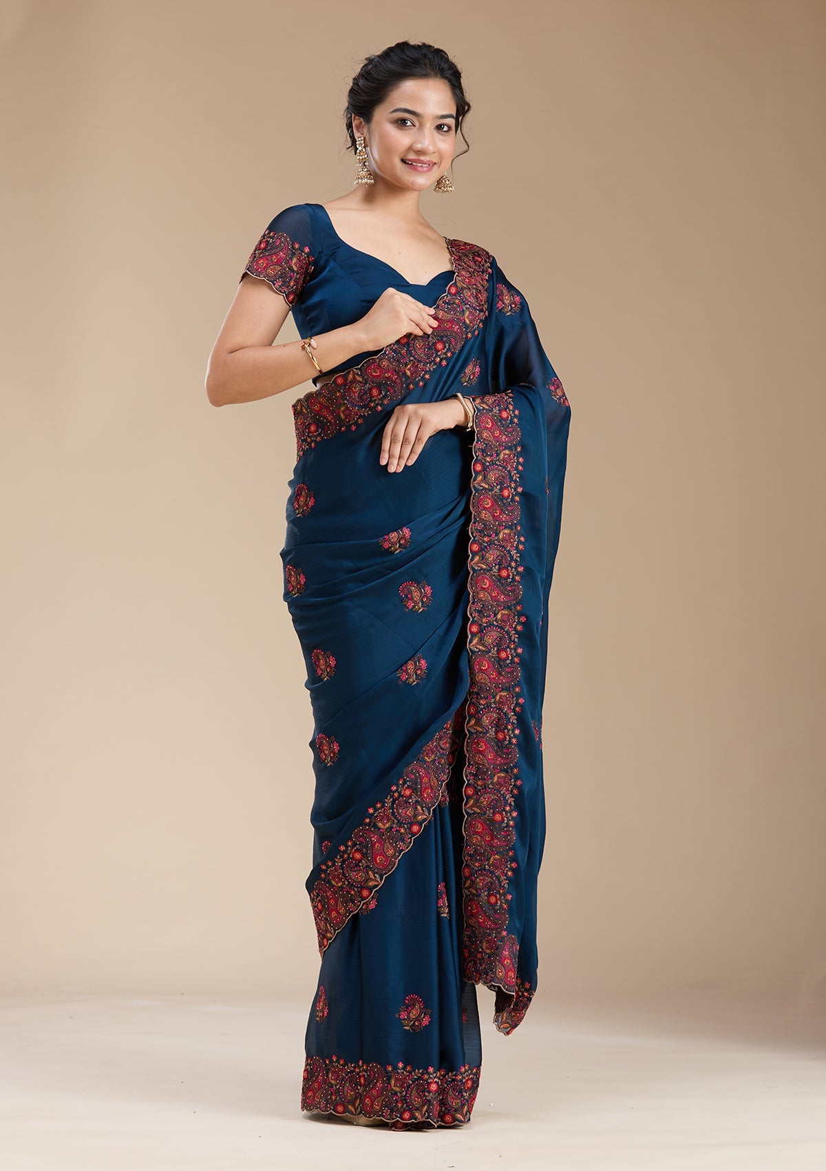 Navy Blue Kashmiri Chiffon Saree-koskii