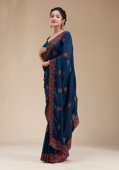 Navy Blue Kashmiri Chiffon Saree-koskii