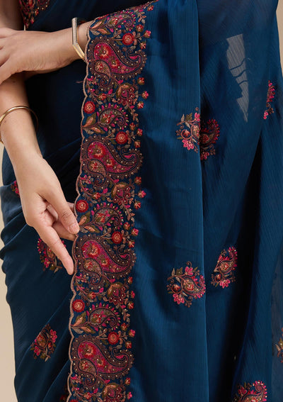 Navy Blue Kashmiri Chiffon Saree-koskii