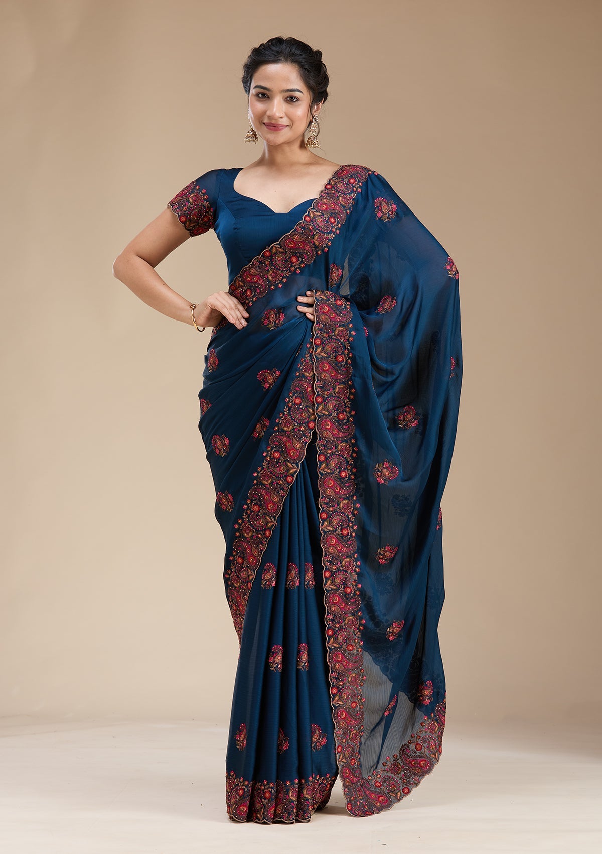Buy Navy Blue Kashmiri Chiffon Saree - Koskii
