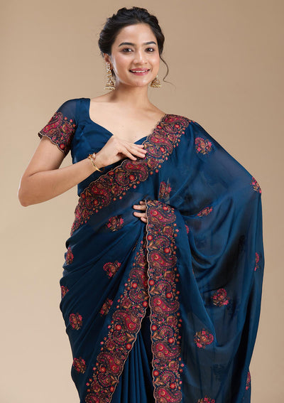 Navy Blue Kashmiri Chiffon Saree-koskii
