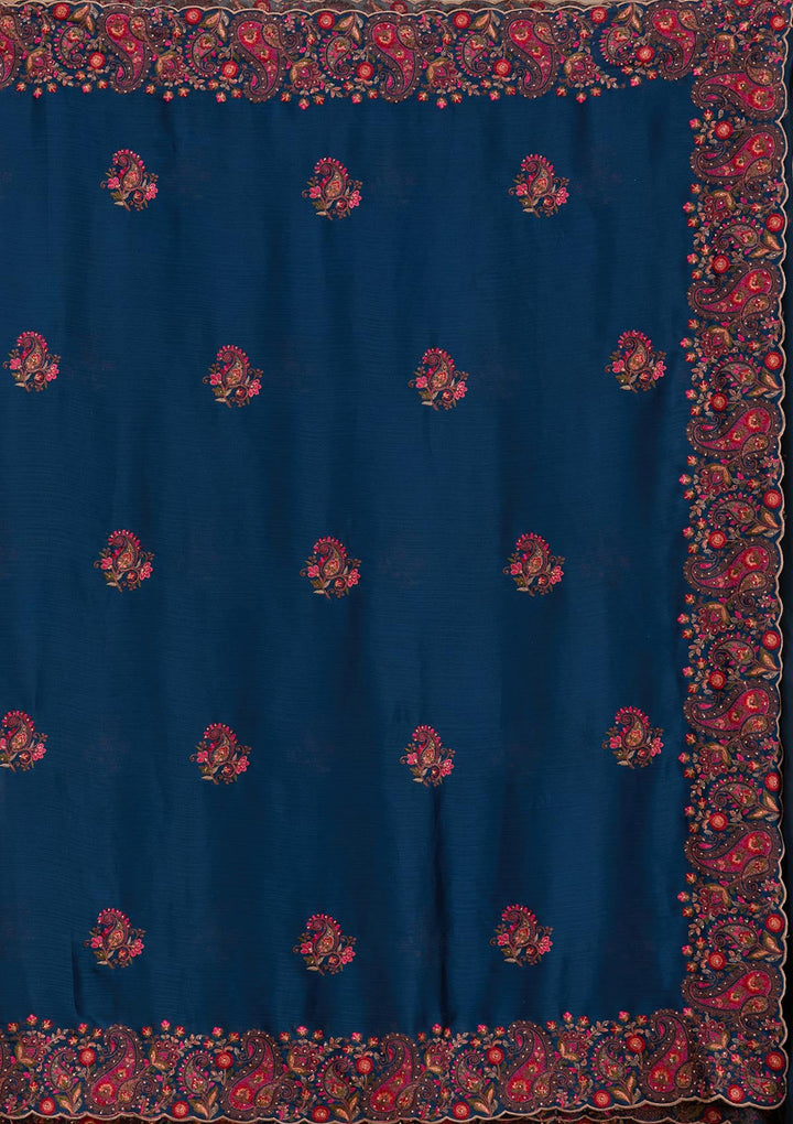Navy Blue Kashmiri Chiffon Saree-koskii