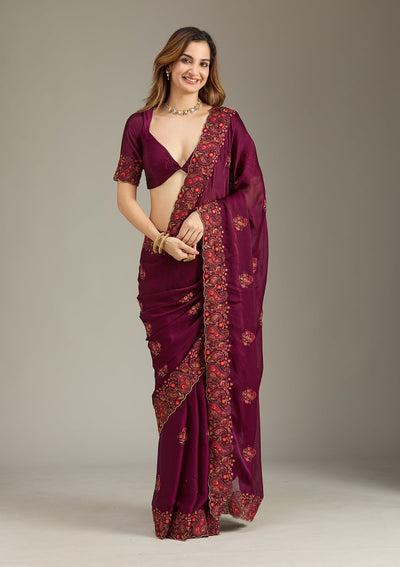 Wine Kashmiri Chiffon Saree-Koskii