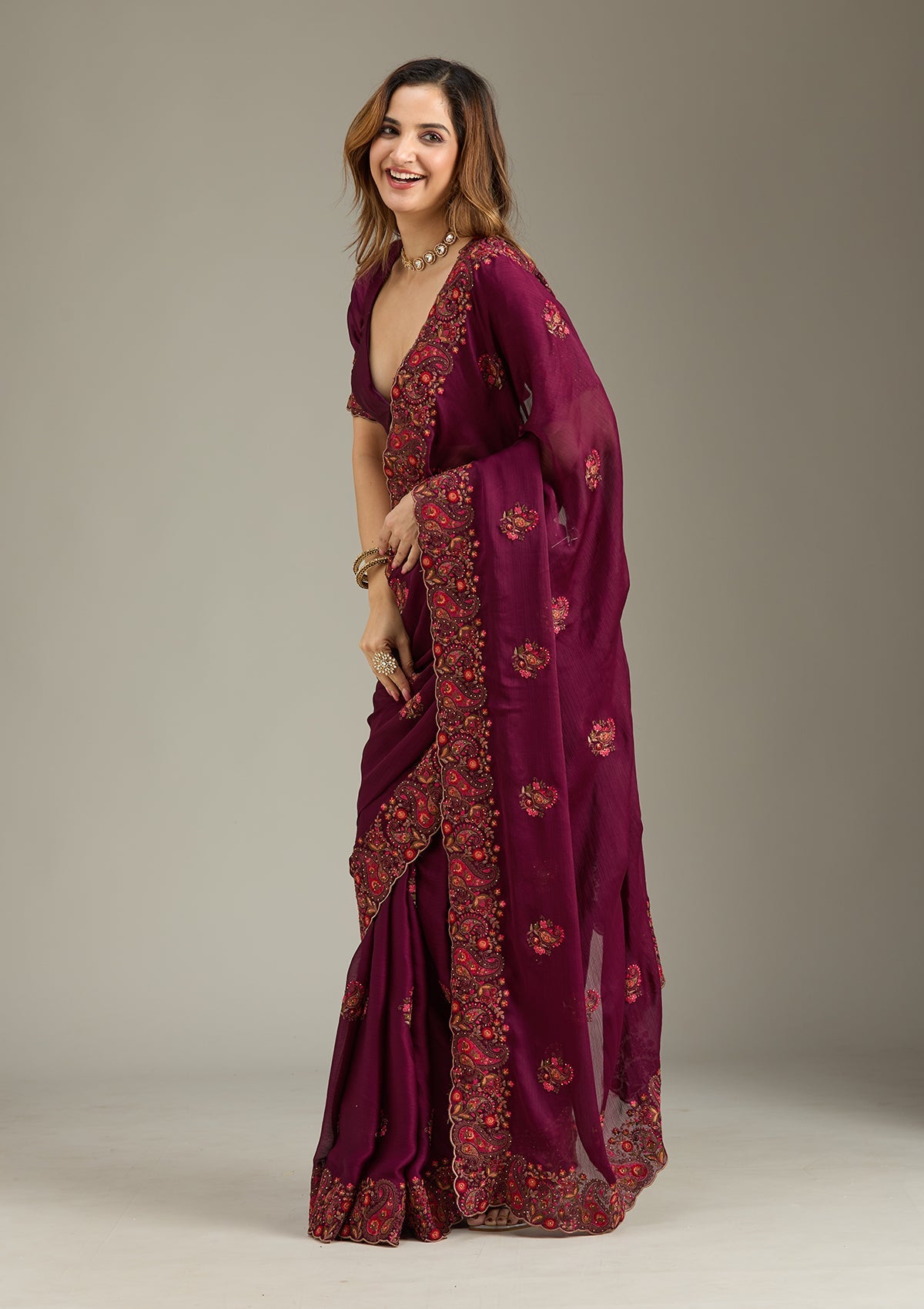 Wine Kashmiri Chiffon Saree-Koskii