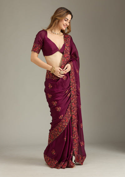 Wine Kashmiri Chiffon Saree-Koskii