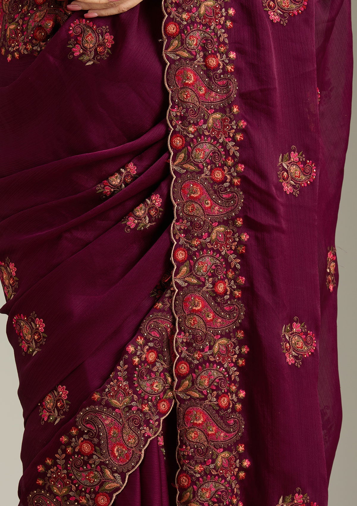 Wine Kashmiri Chiffon Saree-Koskii