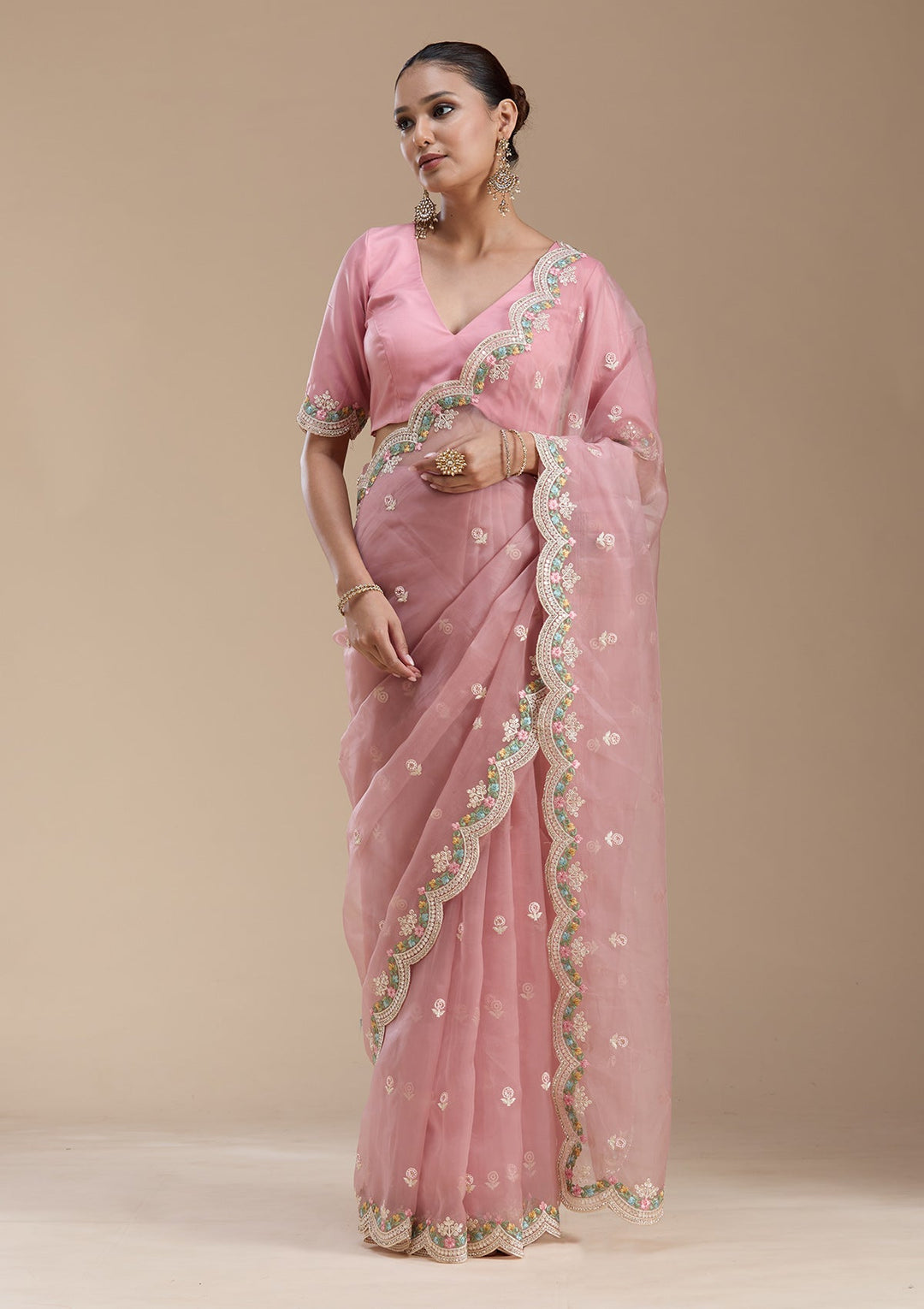 Onion Pink Threadwork Tissue Saree-koskii