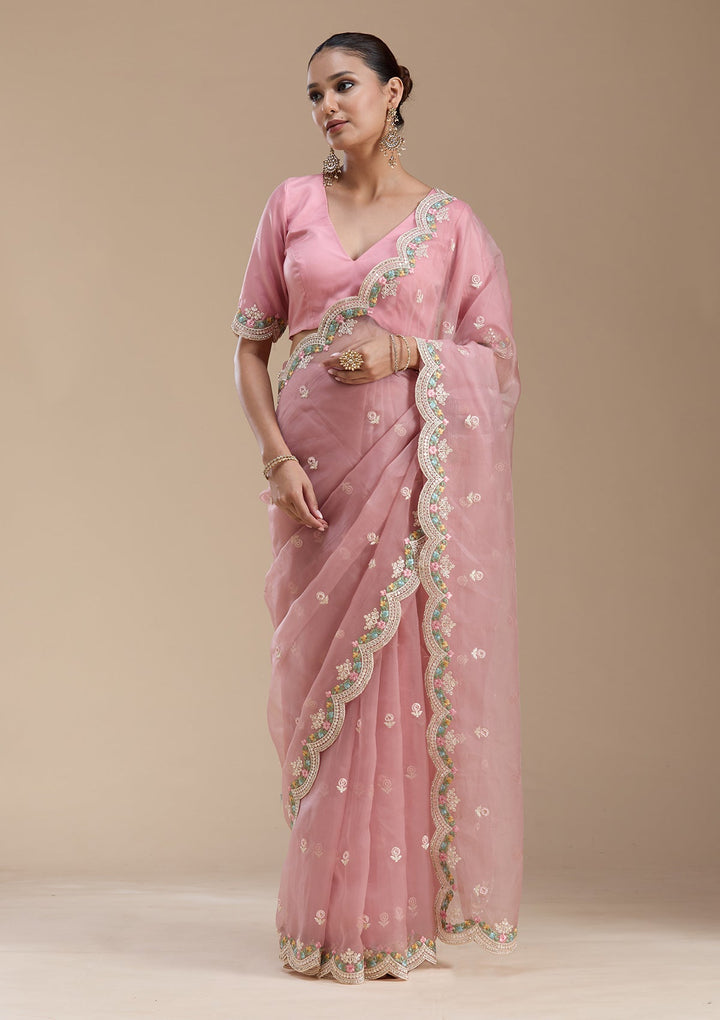 Onion Pink Threadwork Tissue Saree-koskii