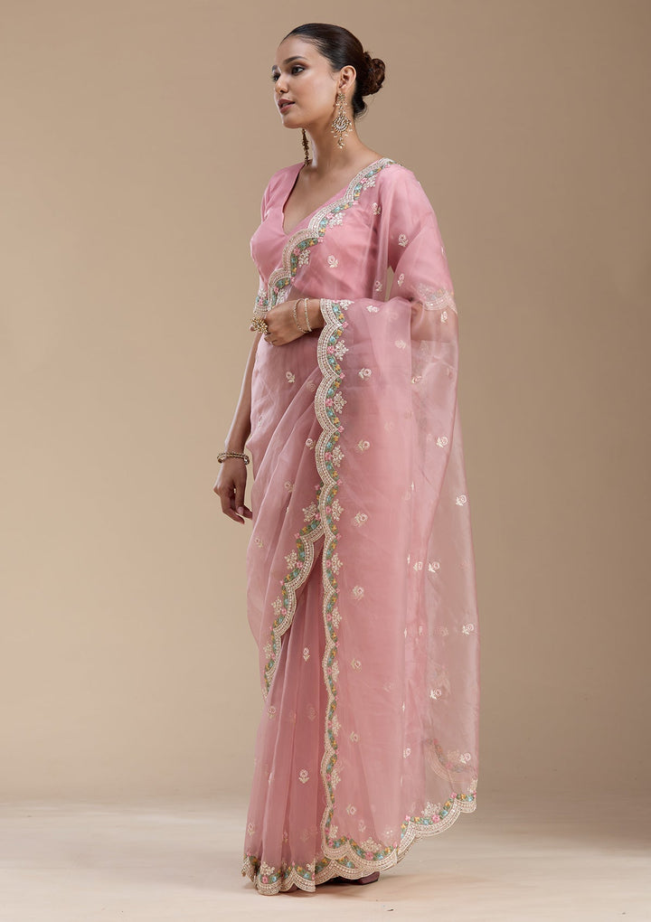 Onion Pink Threadwork Tissue Saree-koskii