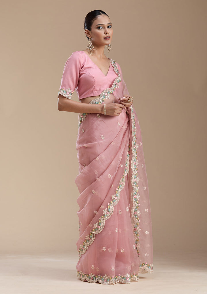 Onion Pink Threadwork Tissue Saree-koskii