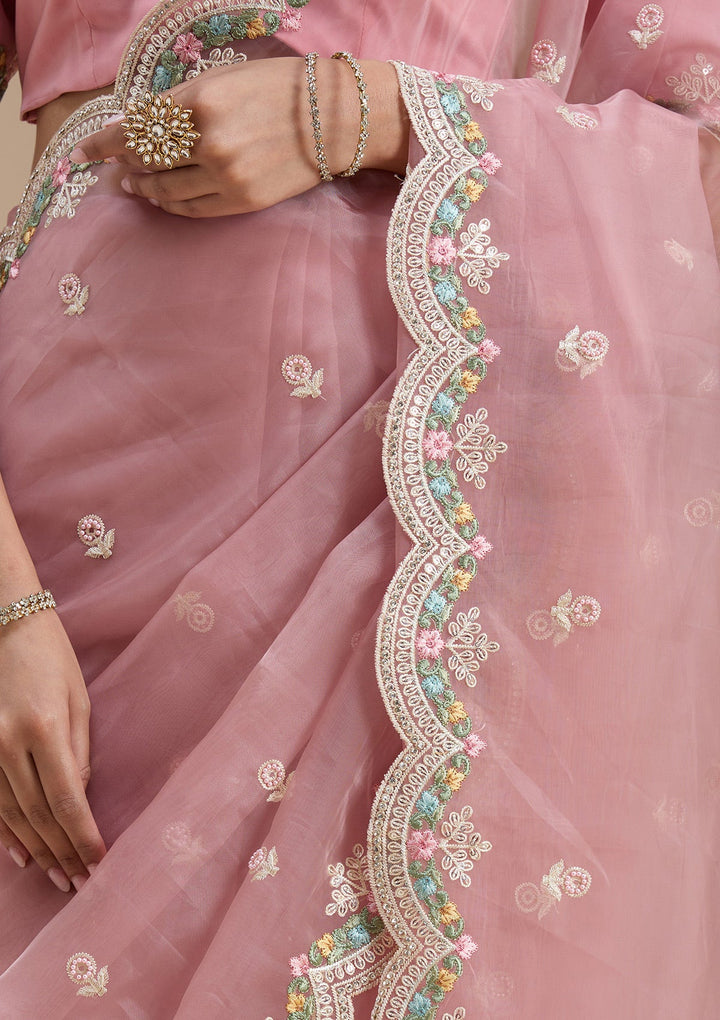 Onion Pink Threadwork Tissue Saree-koskii