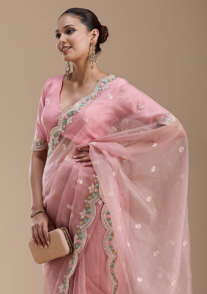 Onion Pink Threadwork Tissue Saree-koskii