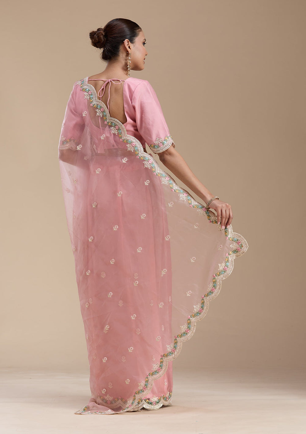 Onion Pink Threadwork Tissue Saree-koskii