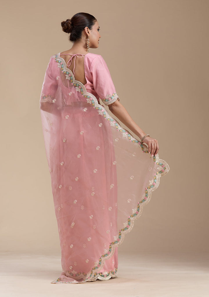 Onion Pink Threadwork Tissue Saree-koskii