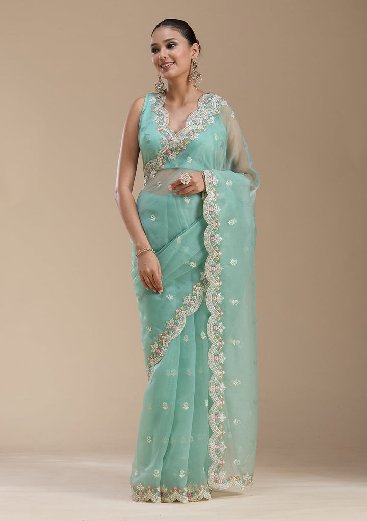 Sea Green Threadwork Tissue Saree-koskii