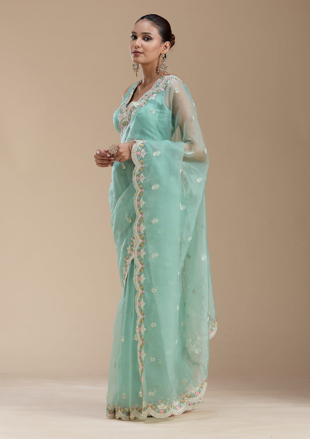 Sea Green Threadwork Tissue Saree-koskii