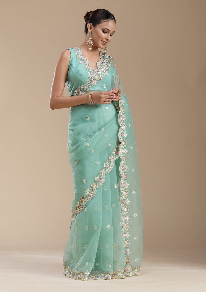 Sea Green Threadwork Tissue Saree-koskii