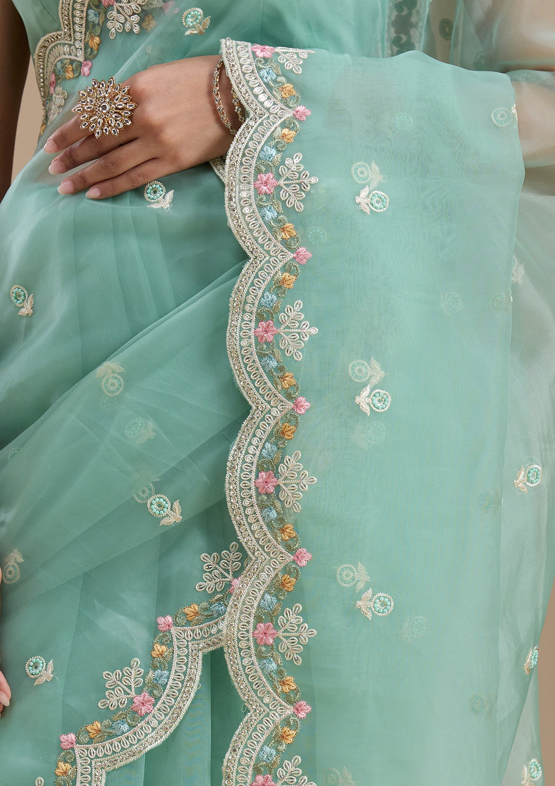 Sea Green Threadwork Tissue Saree-koskii