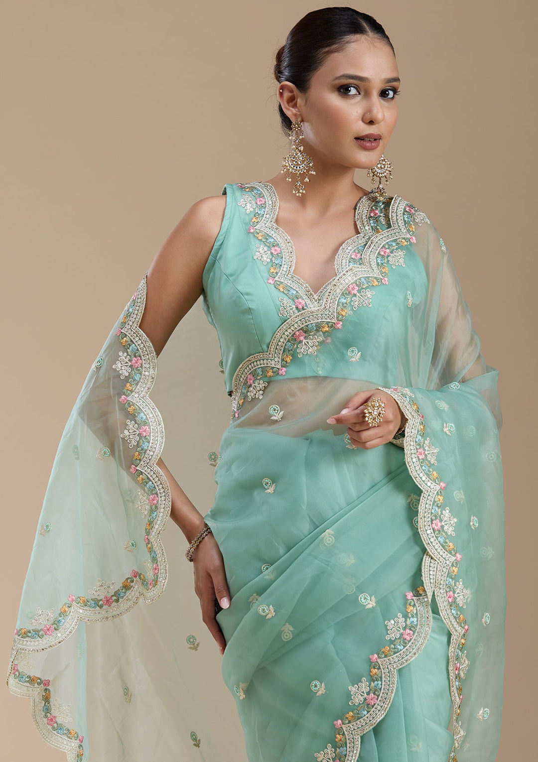 Sea Green Threadwork Tissue Saree-koskii