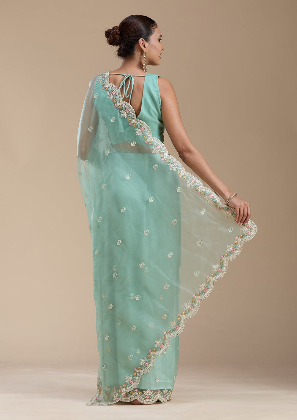 Sea Green Threadwork Tissue Saree-koskii